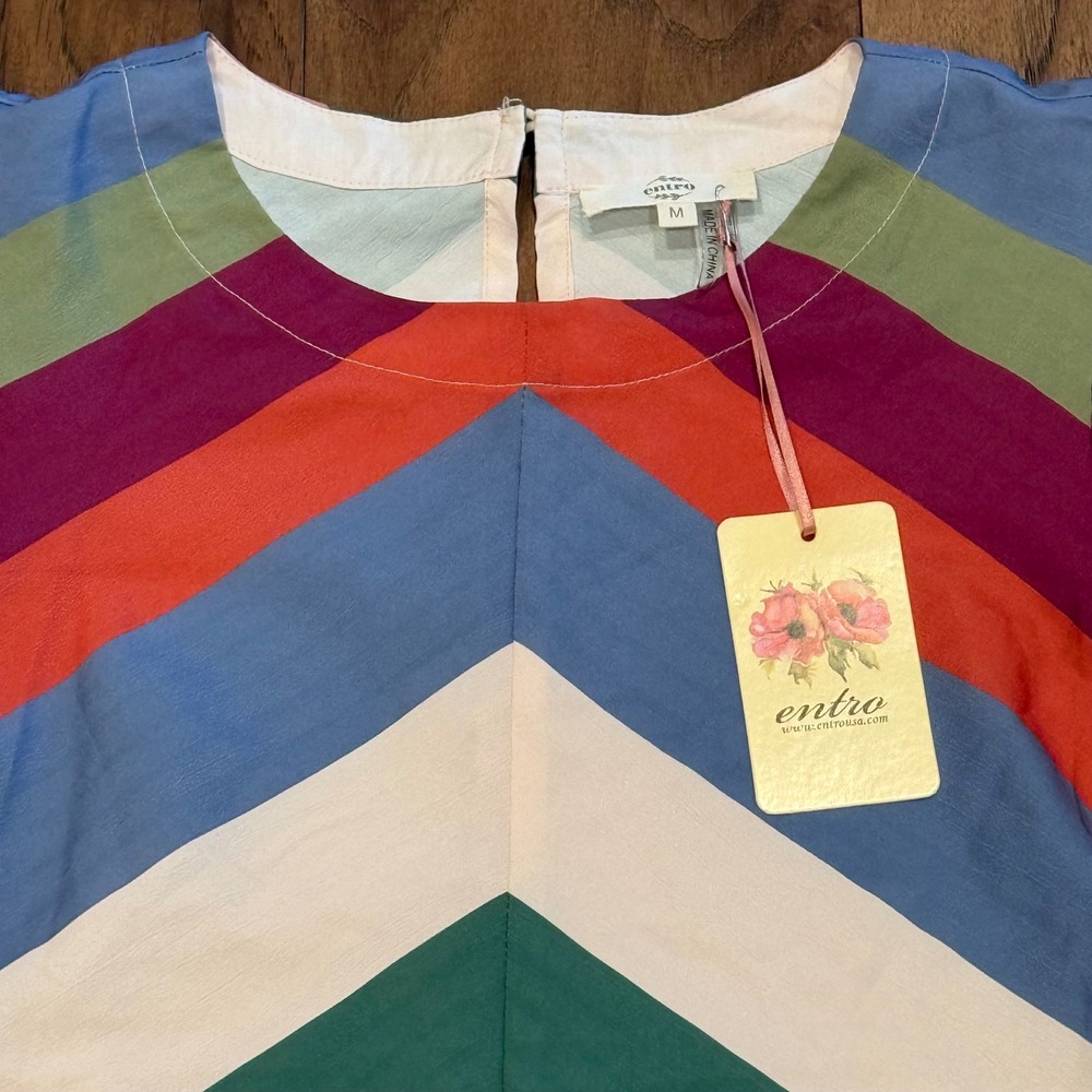 Entro Women Multi Color Chevron Stripe Balloon Sleeve Top T24485 Plum Medium NWT - Picture 3 of 6